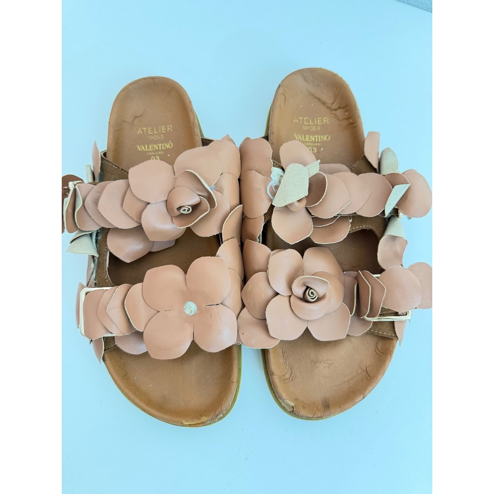 VALENTINO GARAVANI Floral Appliqué Pink Leather Slide Sandals (FLAWS!!READ) 9.5
